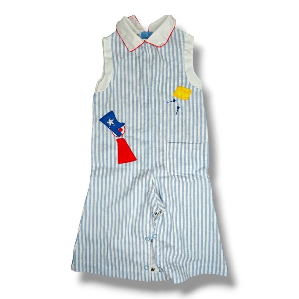 Vintage Cherubs Boys Girls Unisex Romper Seersucker Bell Bottoms Blue Striped